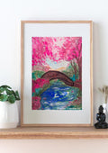 Impressionist Watercolour Landscape Print, Pink Blossom River Scene
