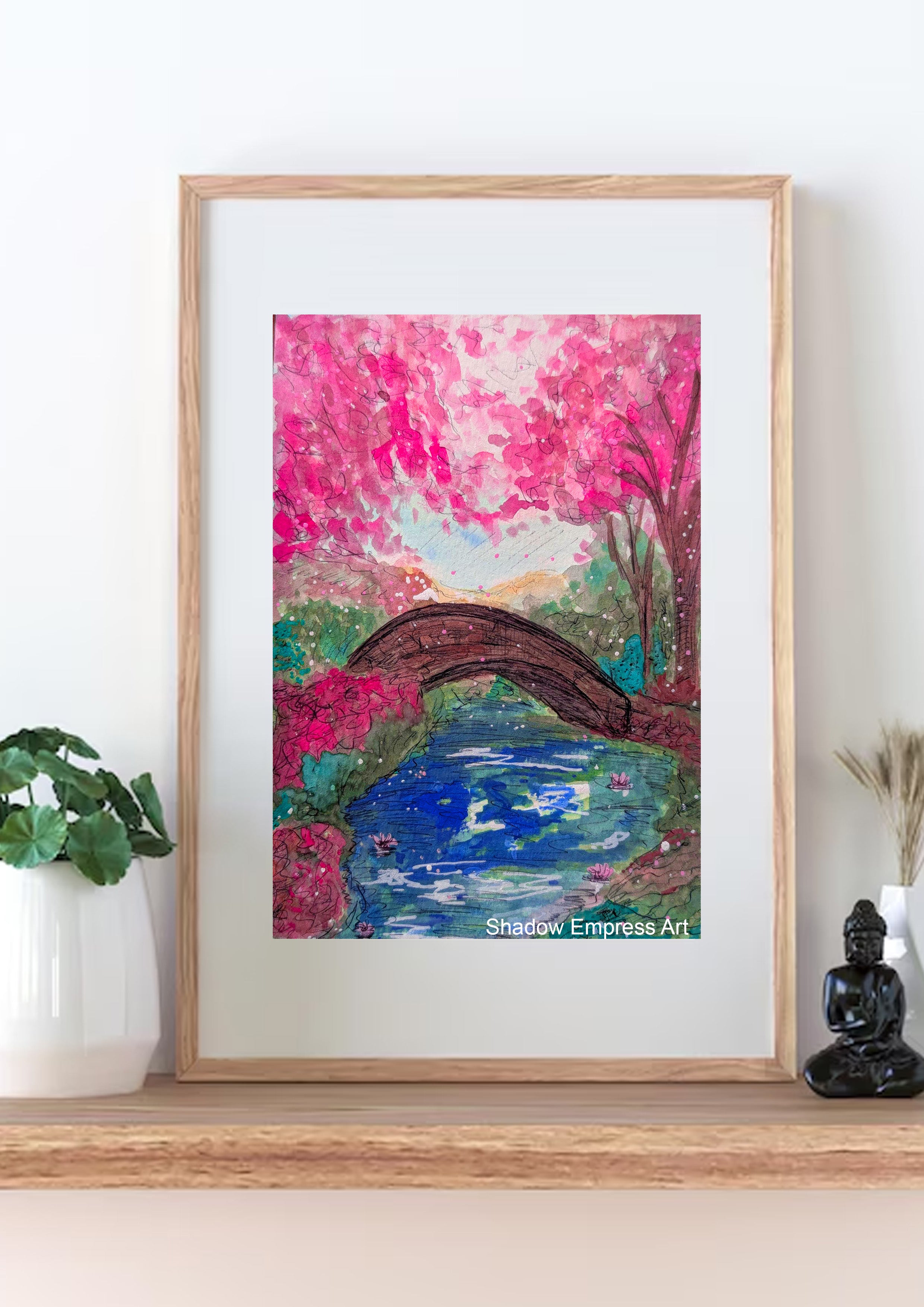 Impressionist Watercolour Landscape Print, Pink Blossom River Scene