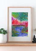 Watercolour River Landscape Print, Pink Blossom Spring Art