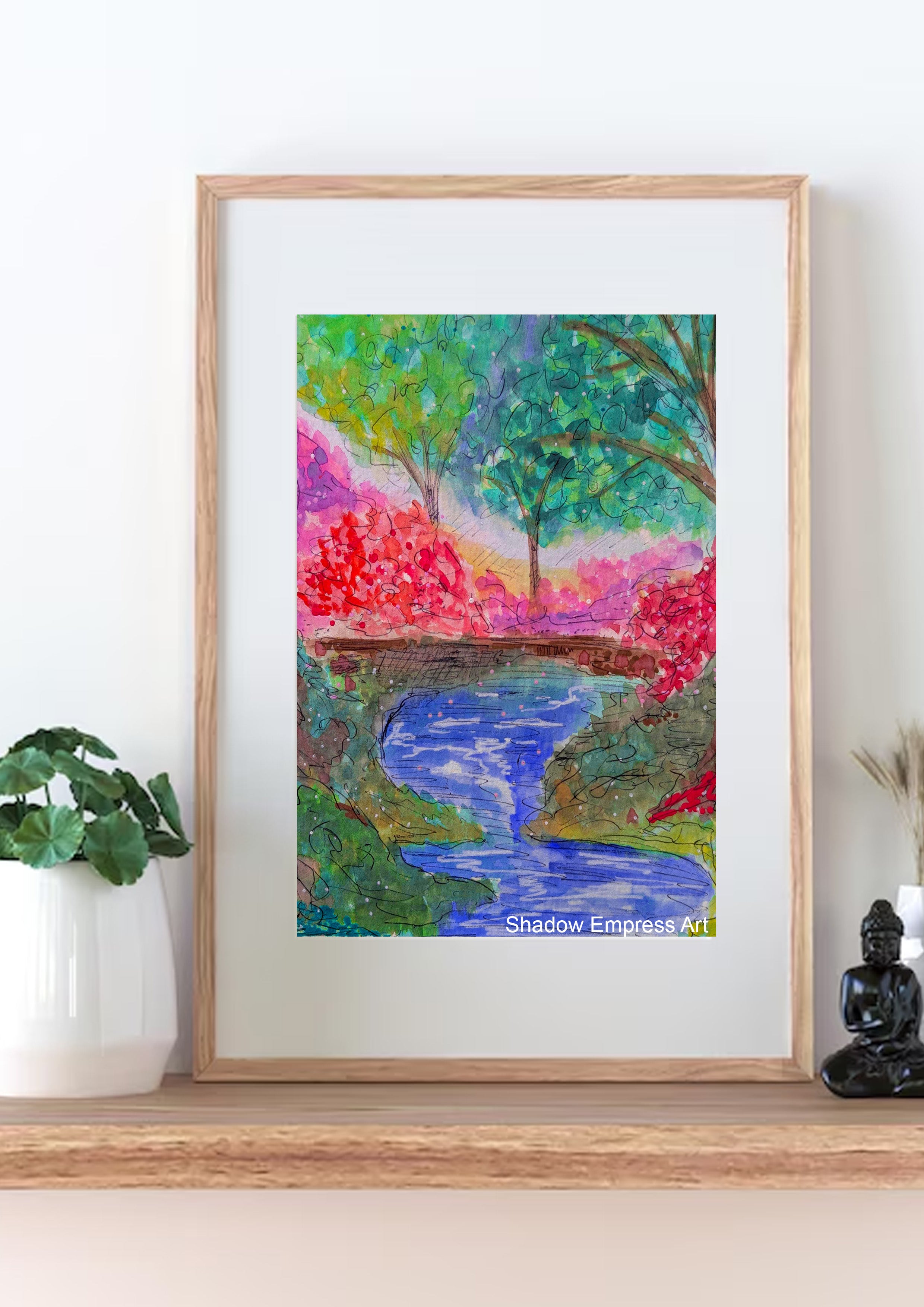 Watercolour River Landscape Print, Pink Blossom Spring Art