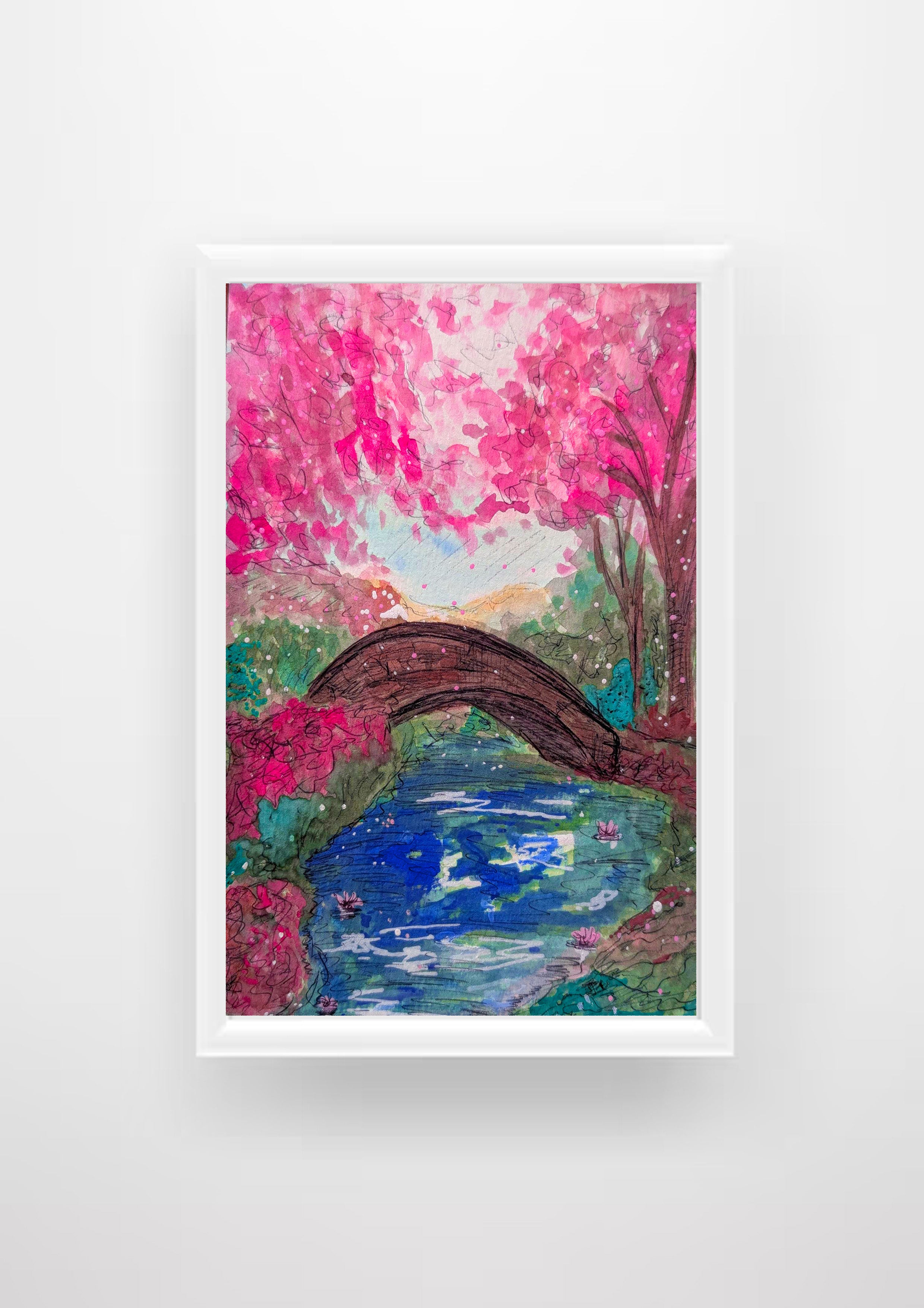 Impressionist Watercolour Landscape Print, Pink Blossom River Scene