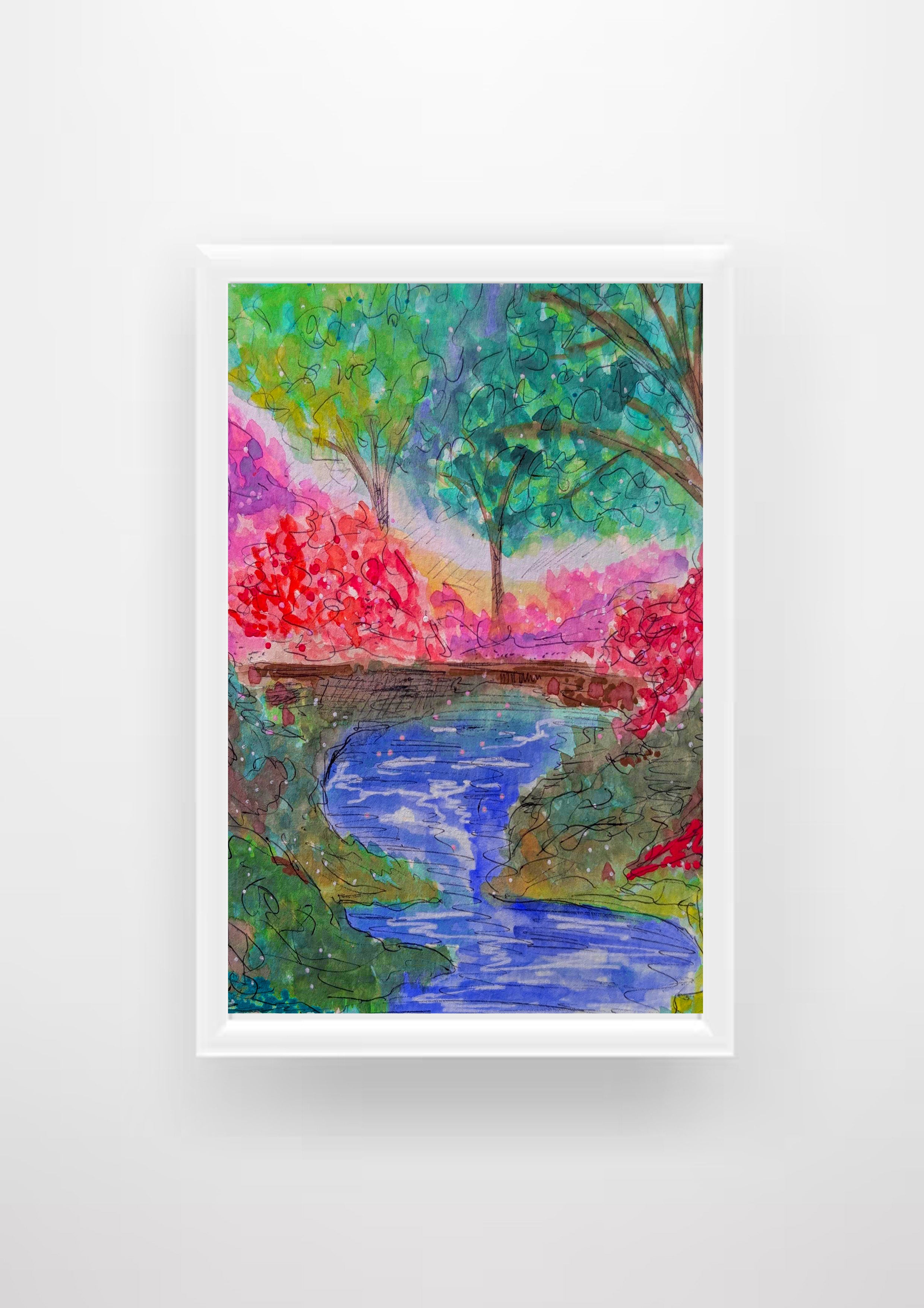 Watercolour River Landscape Print, Pink Blossom Spring Art