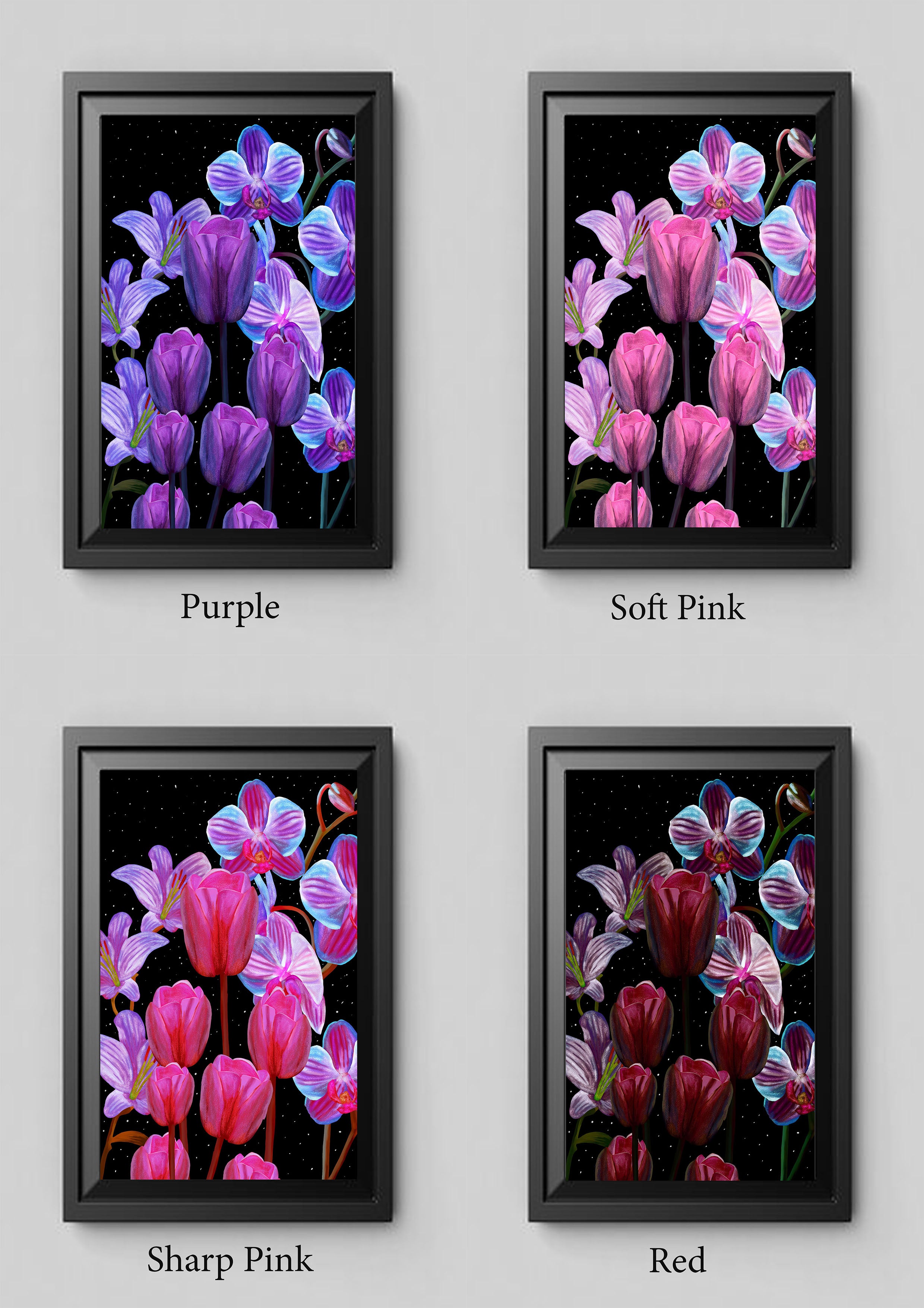 Midnight Flowers – Luminescent UV Floral Digital Art Print