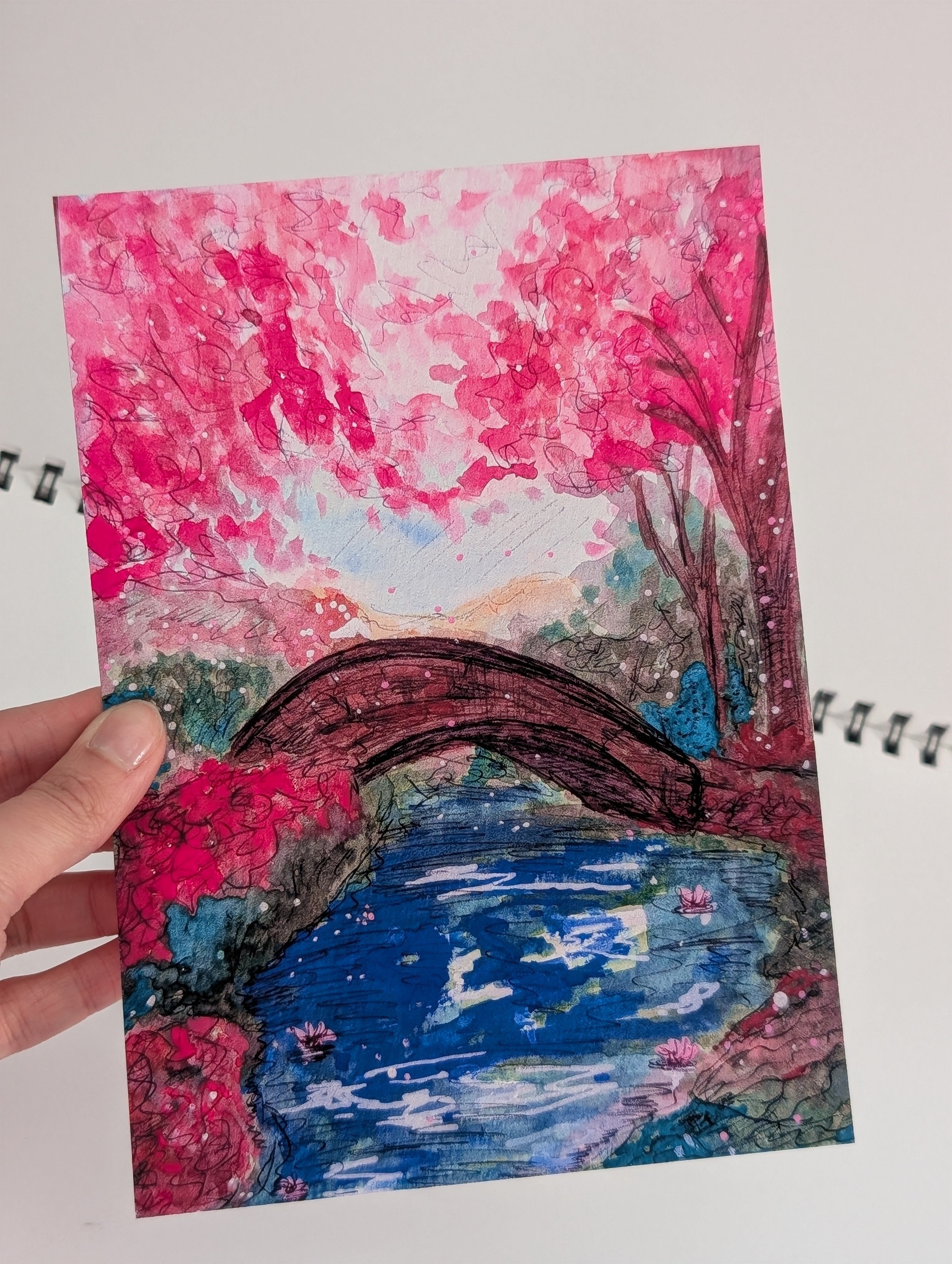 Impressionist Watercolour Landscape Print, Pink Blossom River Scene