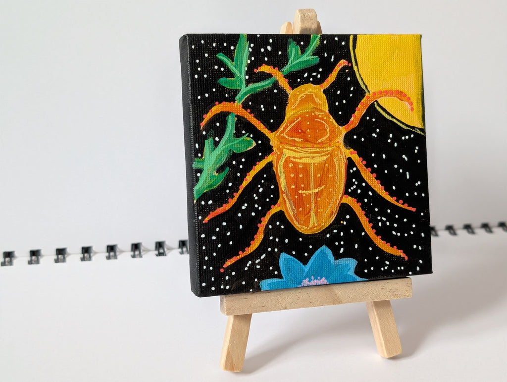 Orange Abstract Beetle Acrylic Painting – Original Mini Canvas 10cm × 10cm