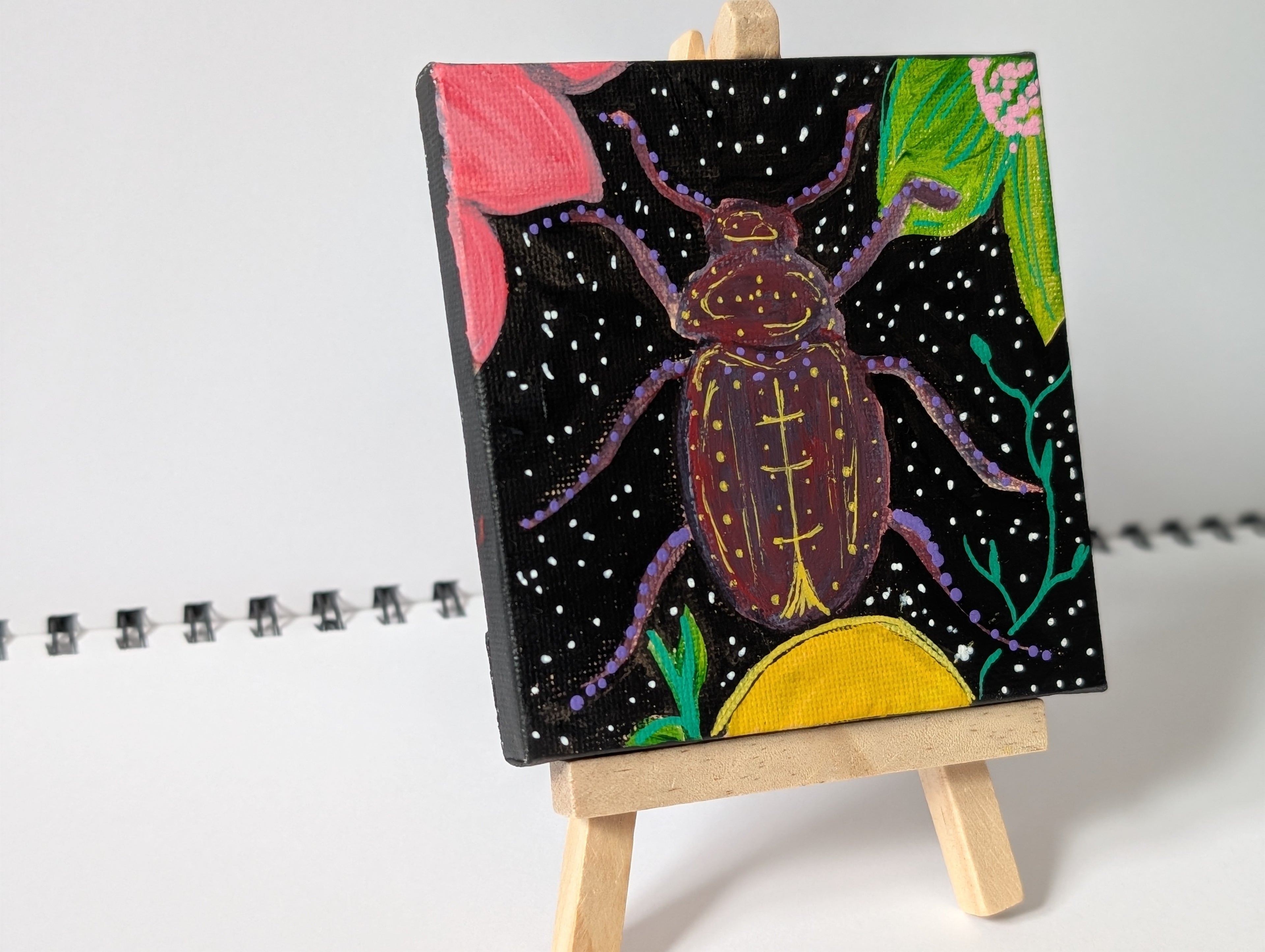 Purple Abstract Beetle Acrylic Painting – Original Mini Canvas 10cm × 10cm