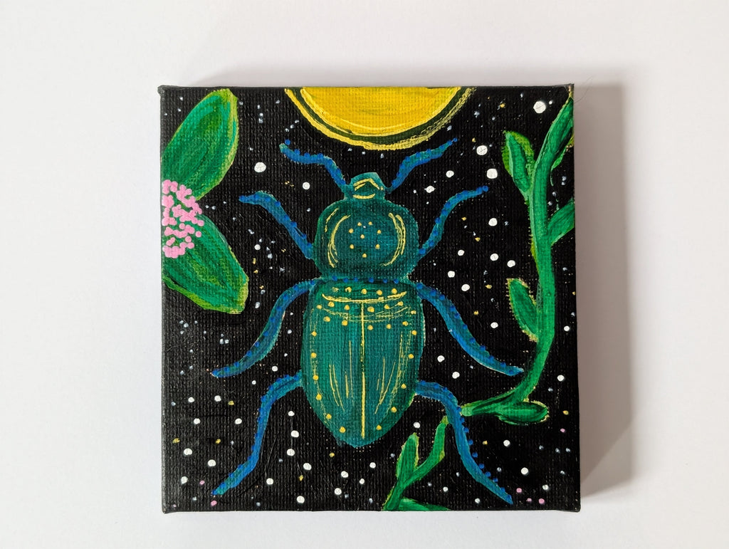 Teal Abstract Beetle Acrylic Painting – Original Mini Canvas 10cm × 10cm