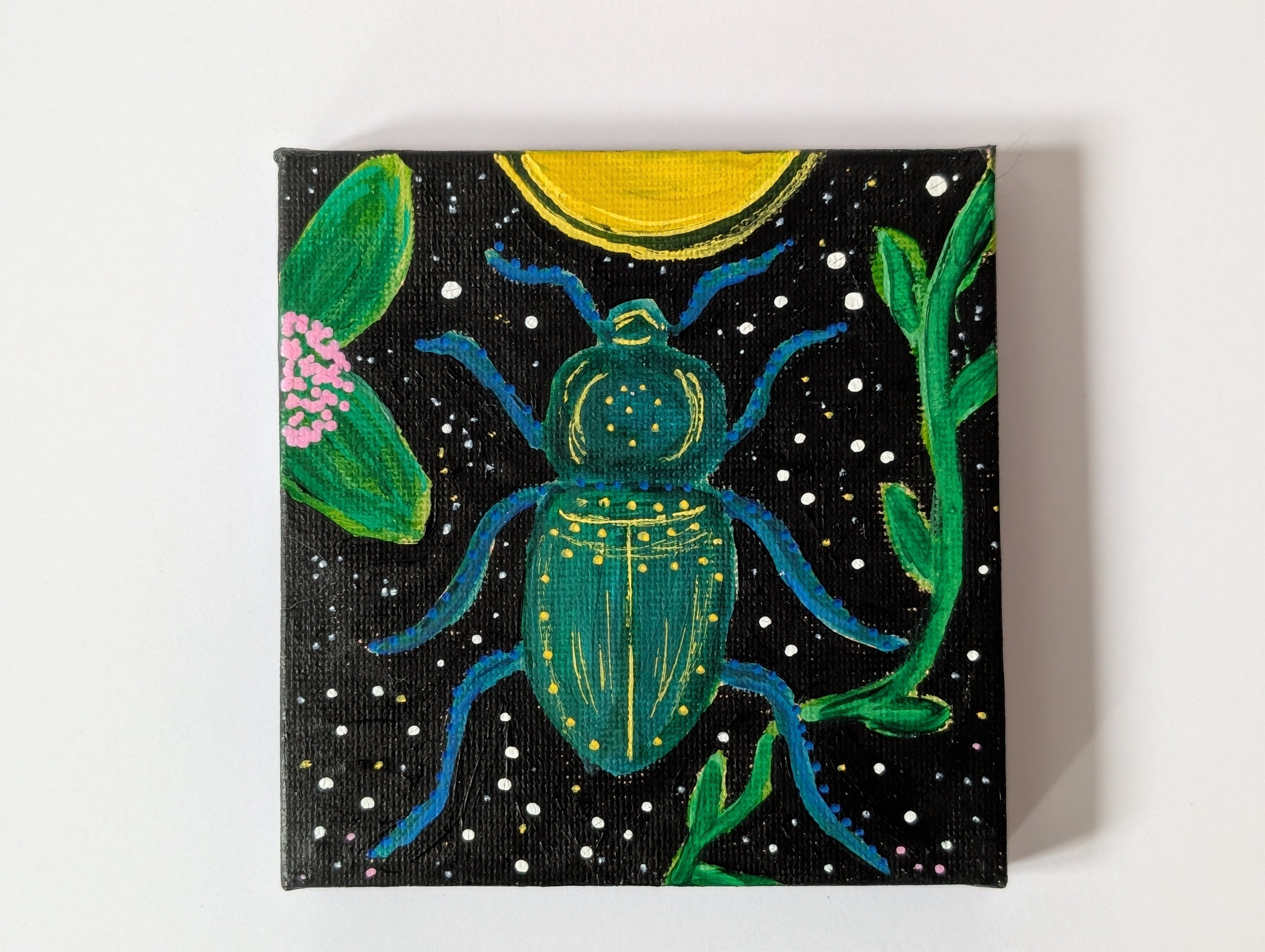 Teal Abstract Beetle Acrylic Painting – Original Mini Canvas 10cm × 10cm