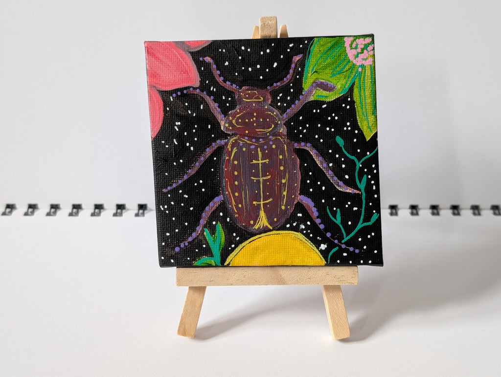 Purple Abstract Beetle Acrylic Painting – Original Mini Canvas 10cm × 10cm