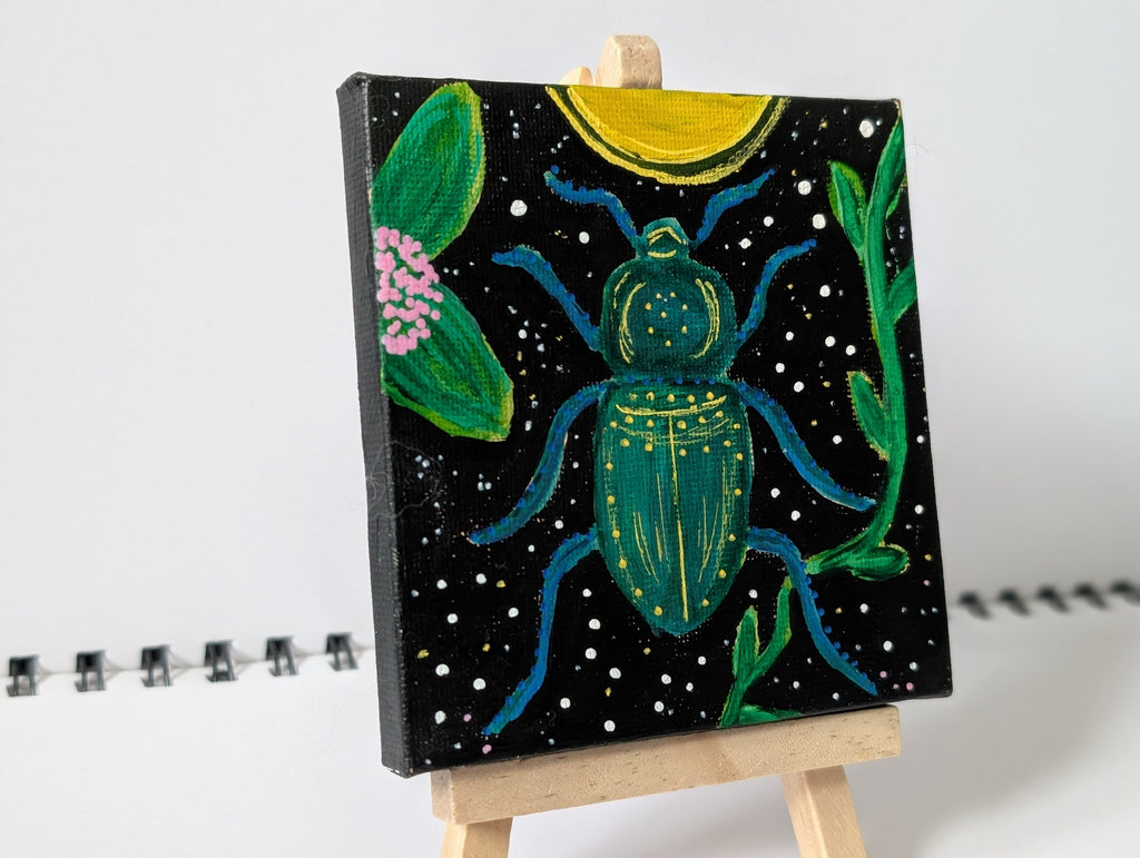 Teal Abstract Beetle Acrylic Painting – Original Mini Canvas 10cm × 10cm