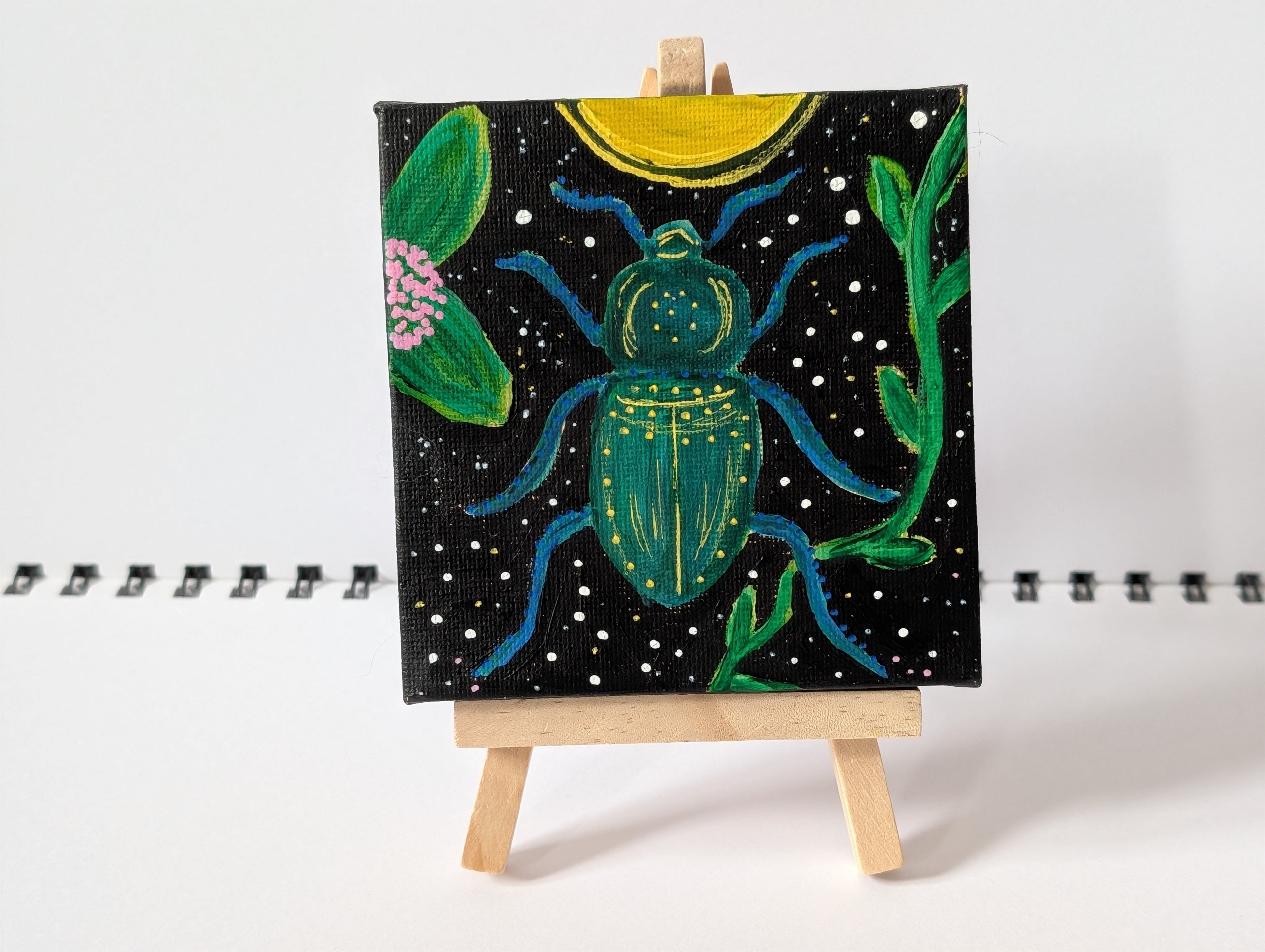 Teal Abstract Beetle Acrylic Painting – Original Mini Canvas 10cm × 10cm