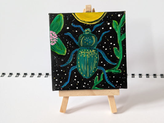 Teal Abstract Beetle Acrylic Painting – Original Mini Canvas 10cm × 10cm