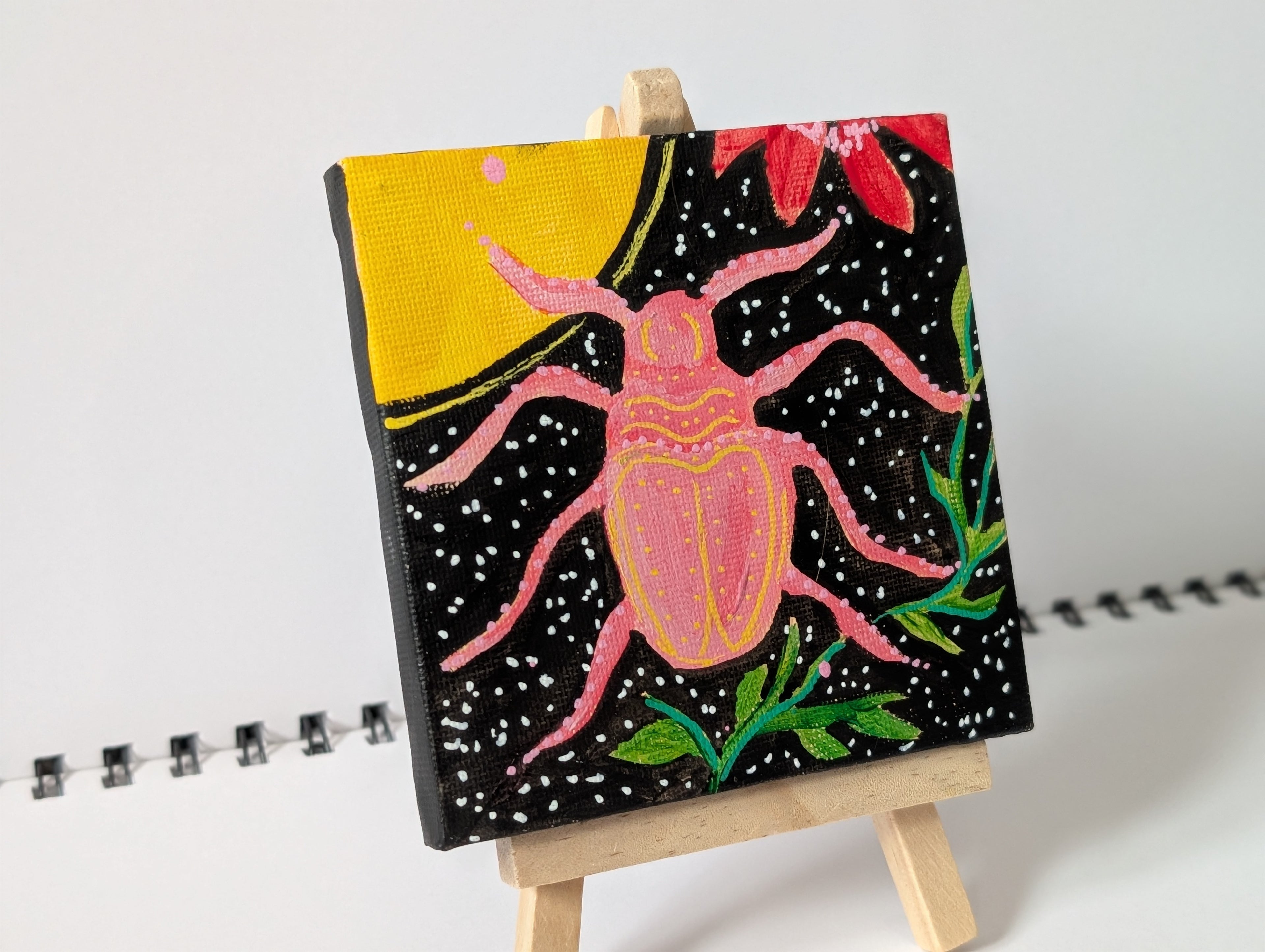 Pink Abstract Beetle Acrylic Painting – Original Mini Canvas 10cm × 10cm