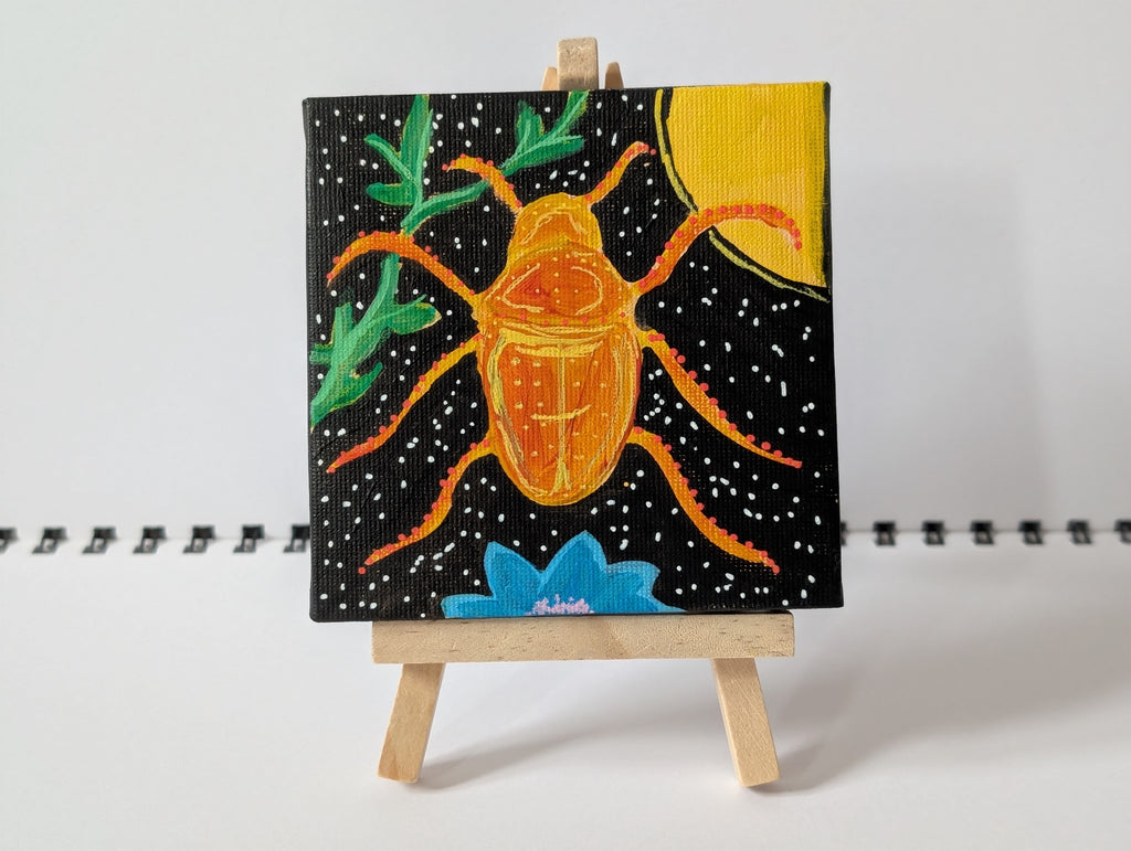 Orange Abstract Beetle Acrylic Painting – Original Mini Canvas 10cm × 10cm