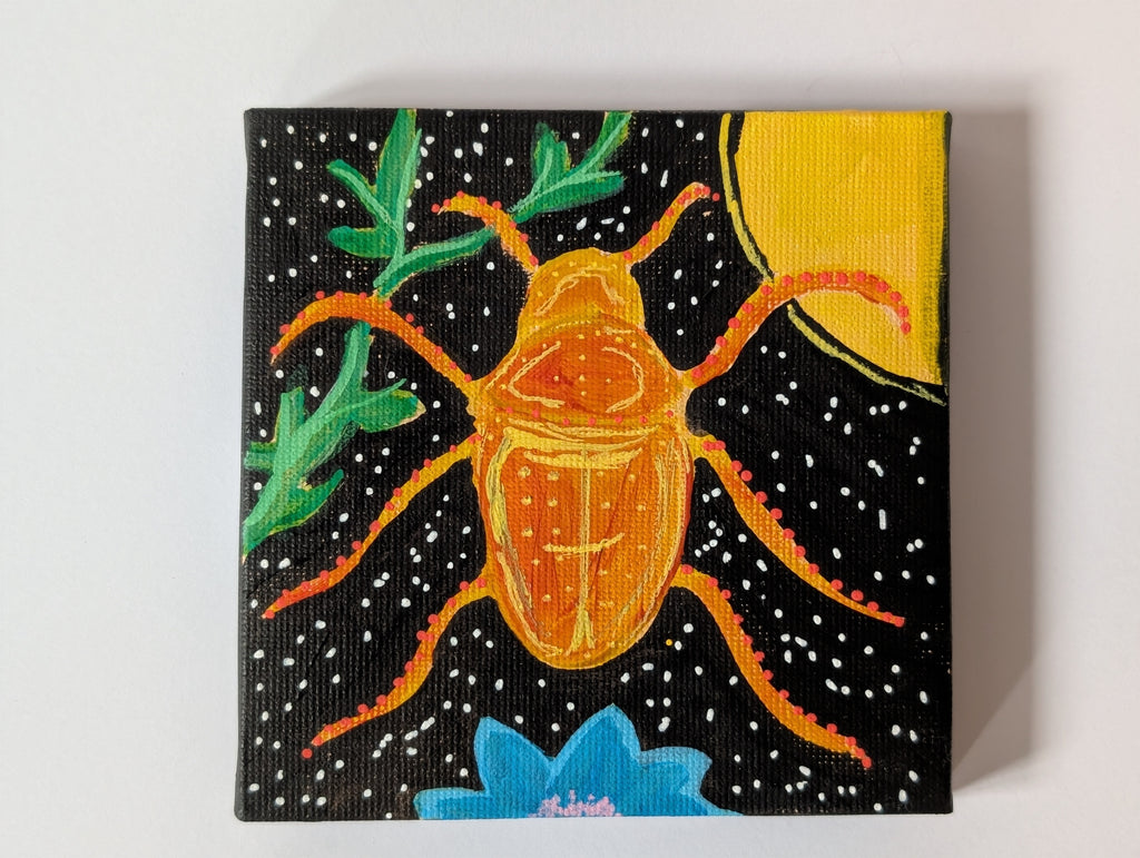 Orange Abstract Beetle Acrylic Painting – Original Mini Canvas 10cm × 10cm