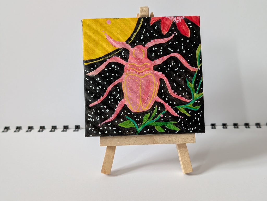 Pink Abstract Beetle Acrylic Painting – Original Mini Canvas 10cm × 10cm