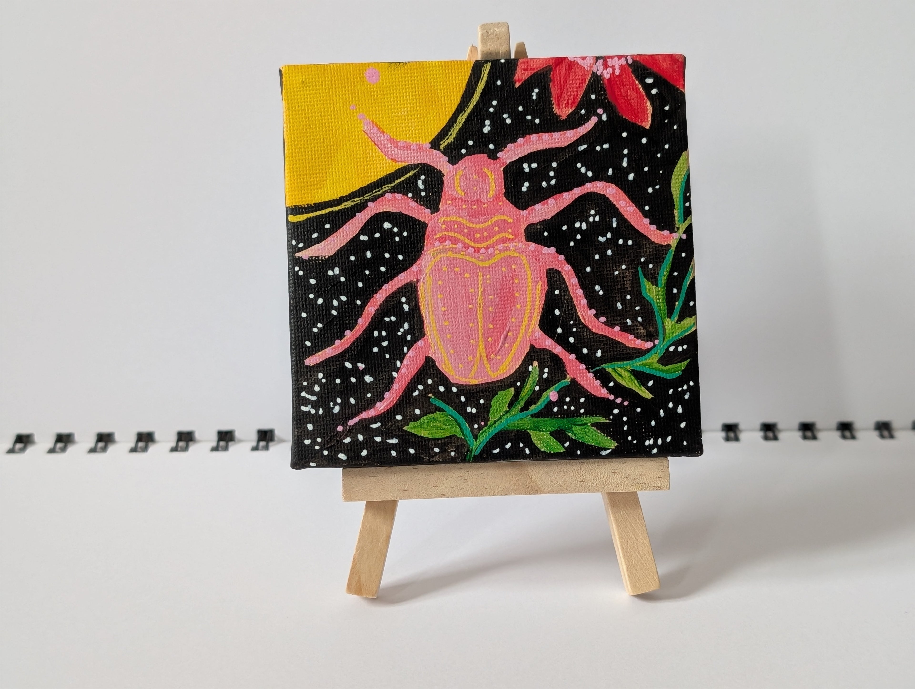 Pink Abstract Beetle Acrylic Painting – Original Mini Canvas 10cm × 10cm
