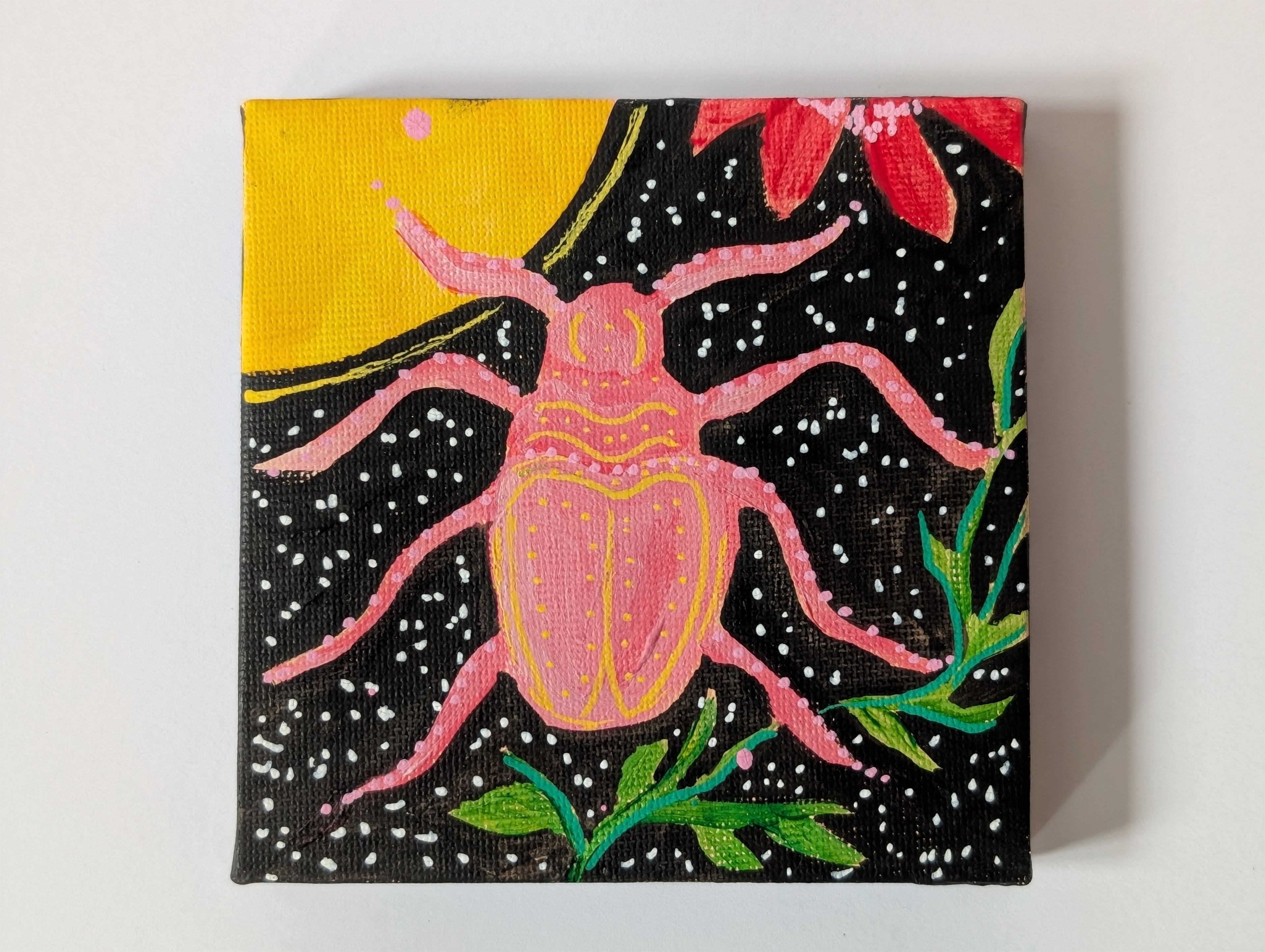 Pink Abstract Beetle Acrylic Painting – Original Mini Canvas 10cm × 10cm